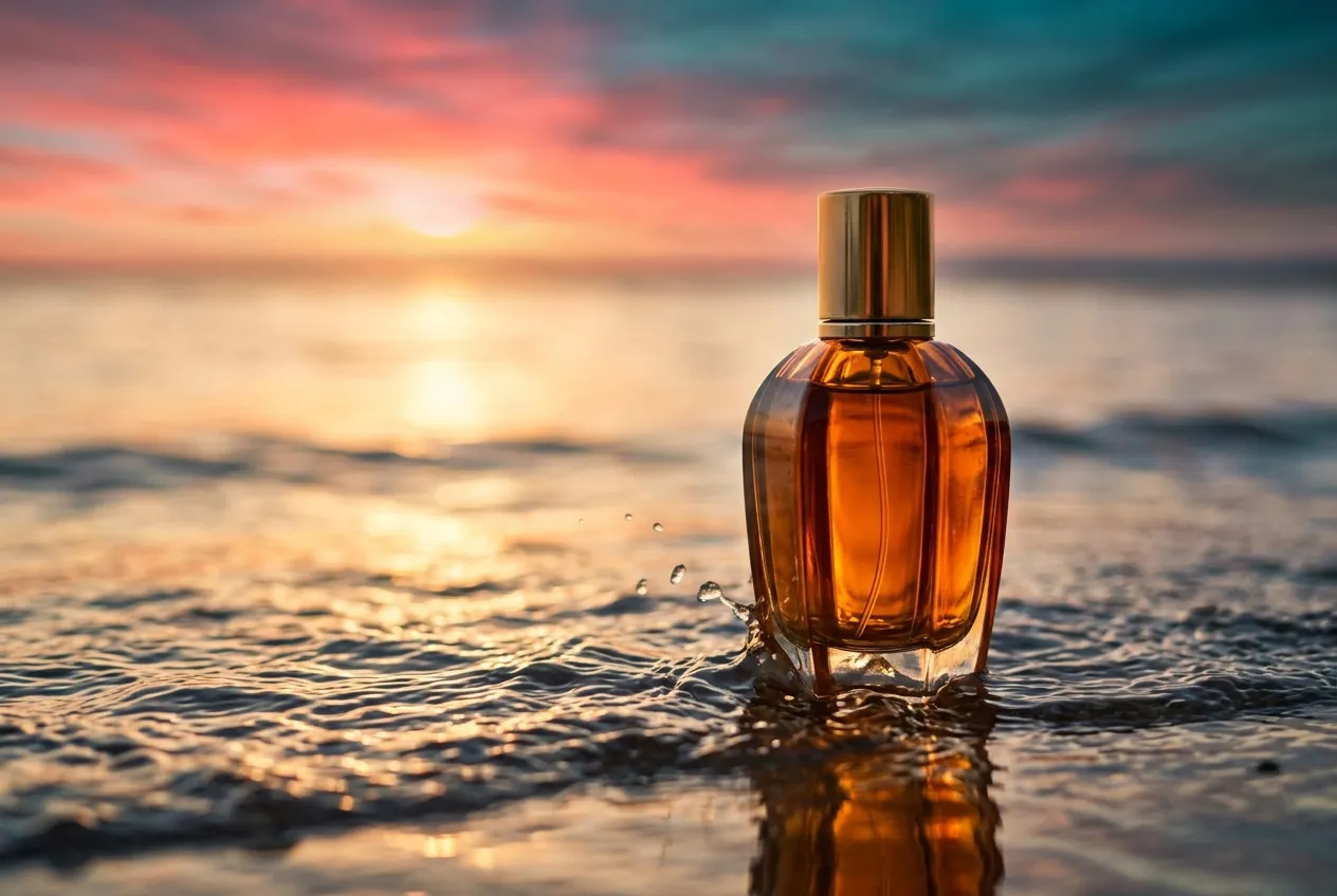 Generated perfume bottle advertisement at sunset