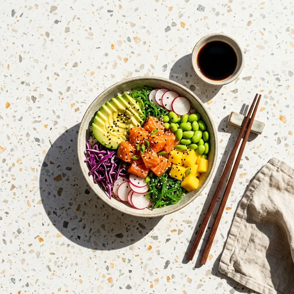 Made from the prompt: Overhead poke bowl on terrazzo in hard midday sun