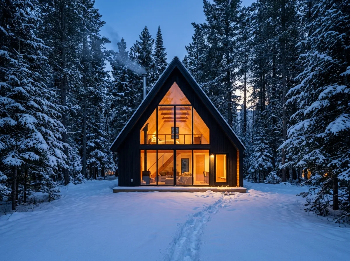 Made from the prompt: Black A-frame cabin in a snowy pine forest at dusk, render