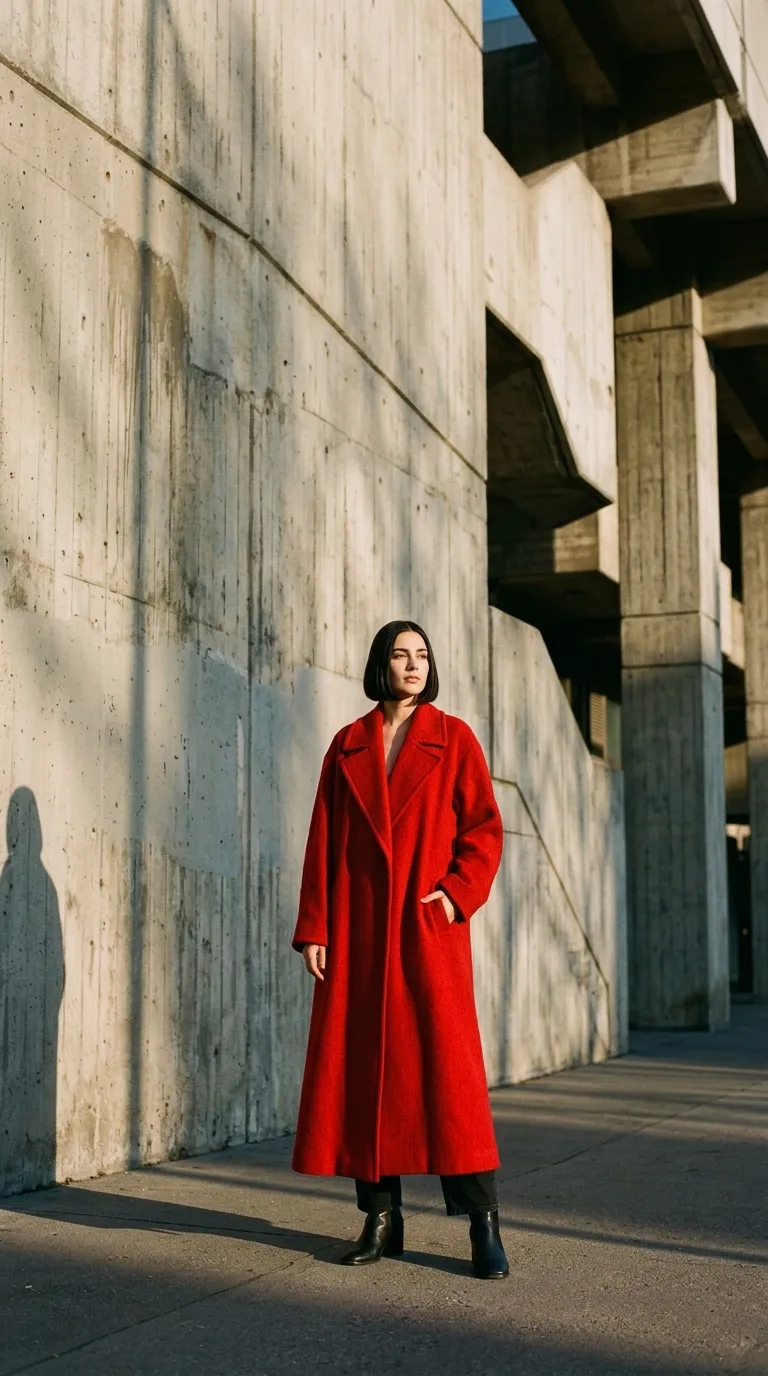 Made from the prompt: Fashion editorial, red wool coat against brutalist concrete