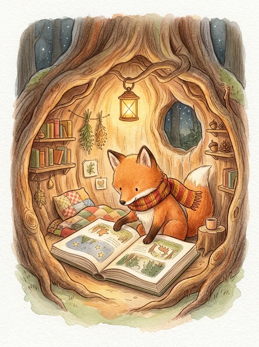 Made from the prompt: Picture-book watercolor of a fox reading inside a hollow tree