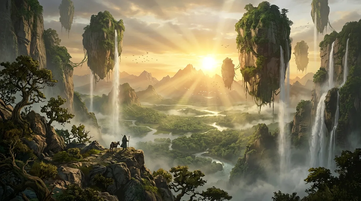 Made from the prompt: Fantasy valley at sunrise with floating islands, matte painting
