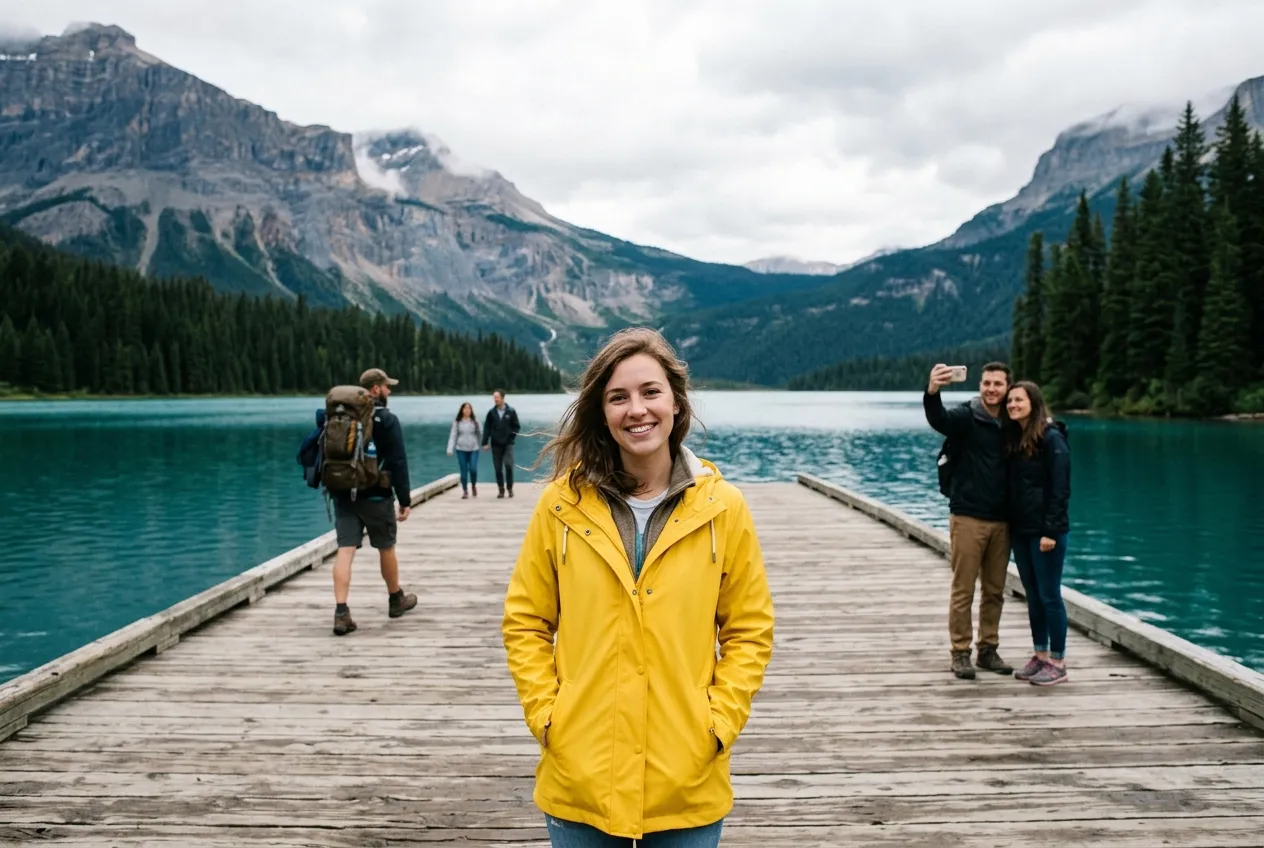 Woman in a yellow raincoat on a lake pier with tourists behind her