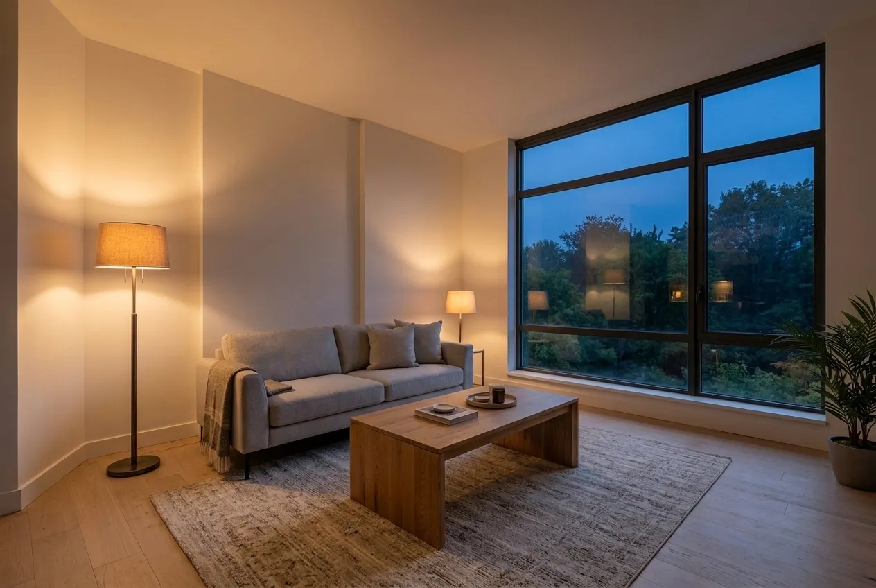 The same living room relit for dusk with warm lamps and a blue evening sky