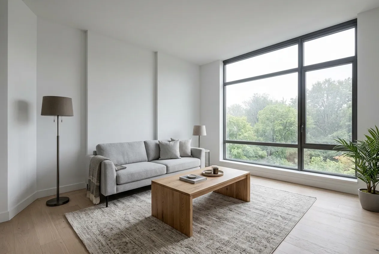 Living room photographed in flat grey daylight