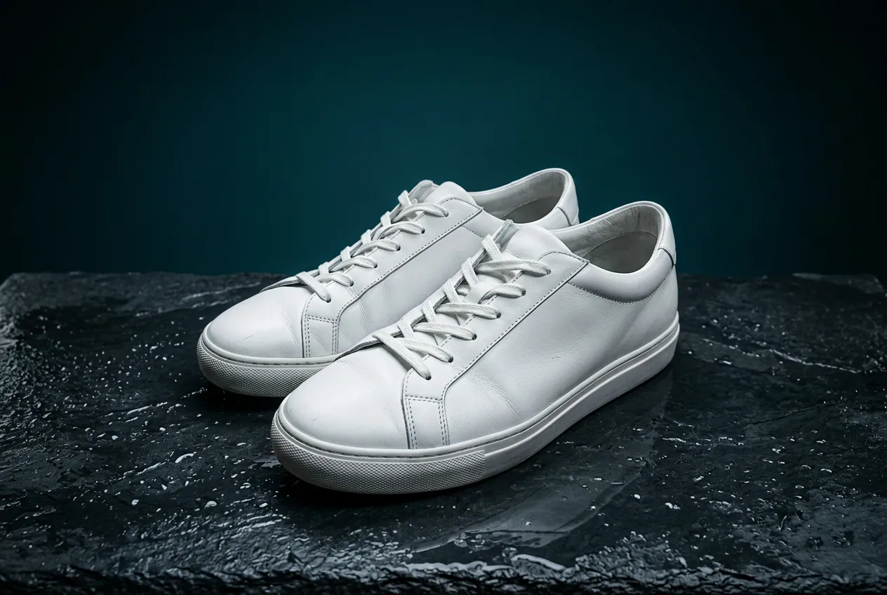 The same sneakers staged on wet slate against a teal studio backdrop