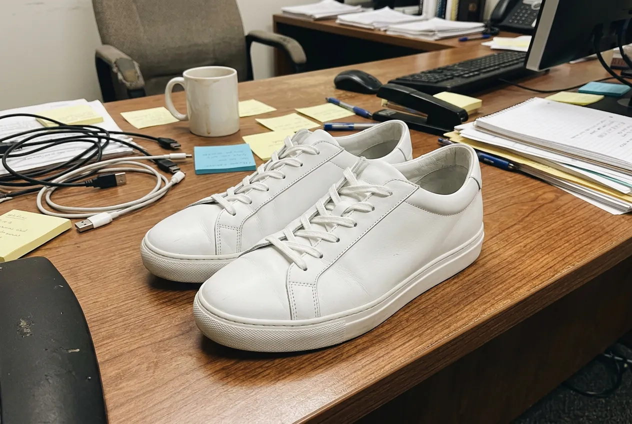 White sneakers photographed on a cluttered office desk