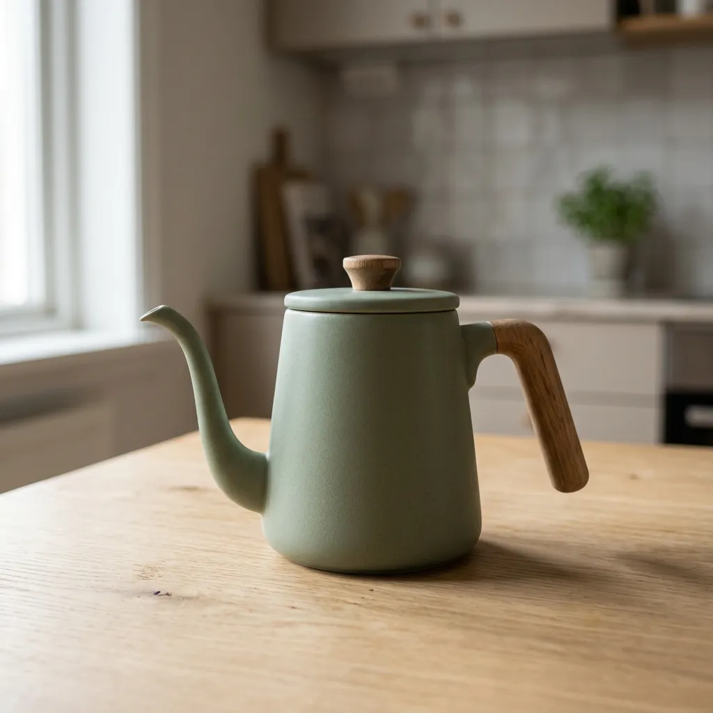 Generated photo of a sage-green pour-over kettle on an oak table