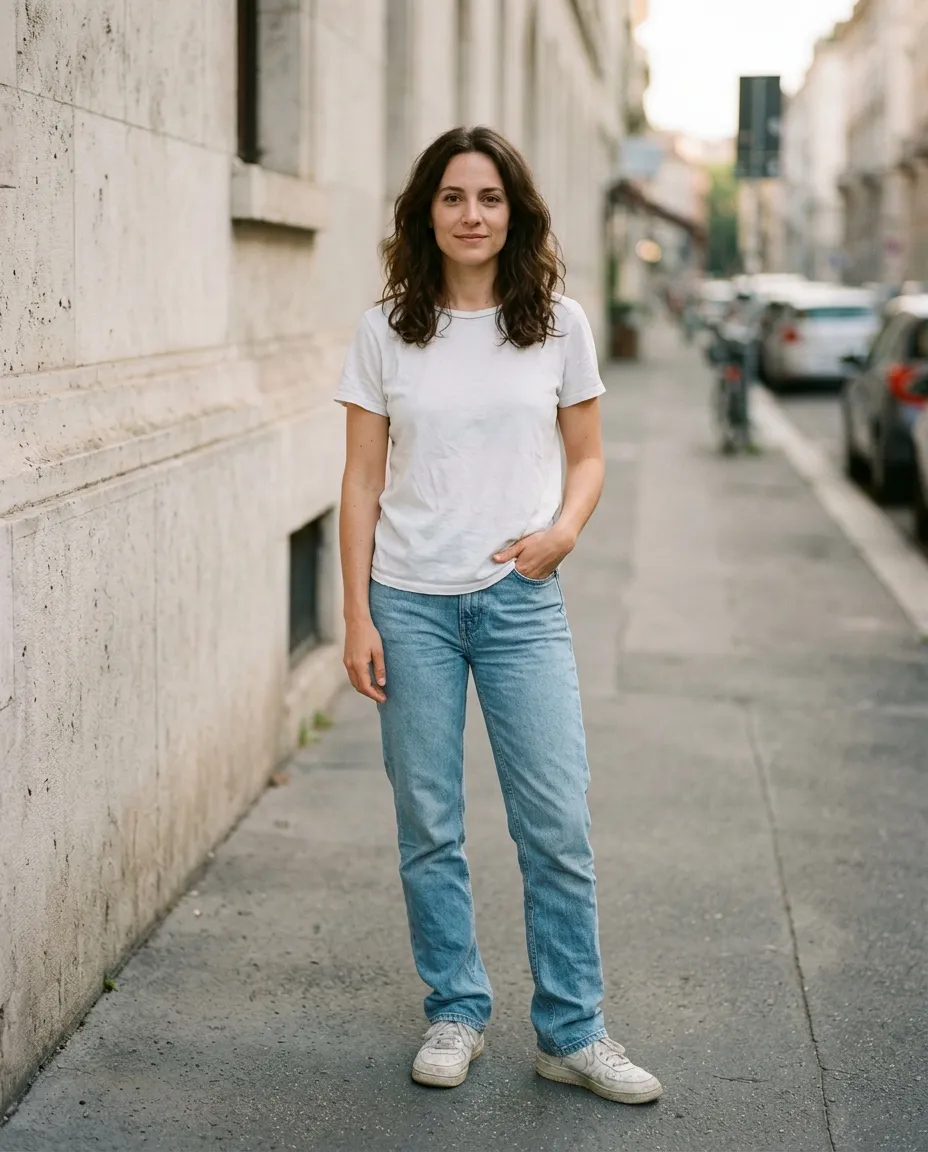 Woman on a city street wearing a white t-shirt and blue jeans