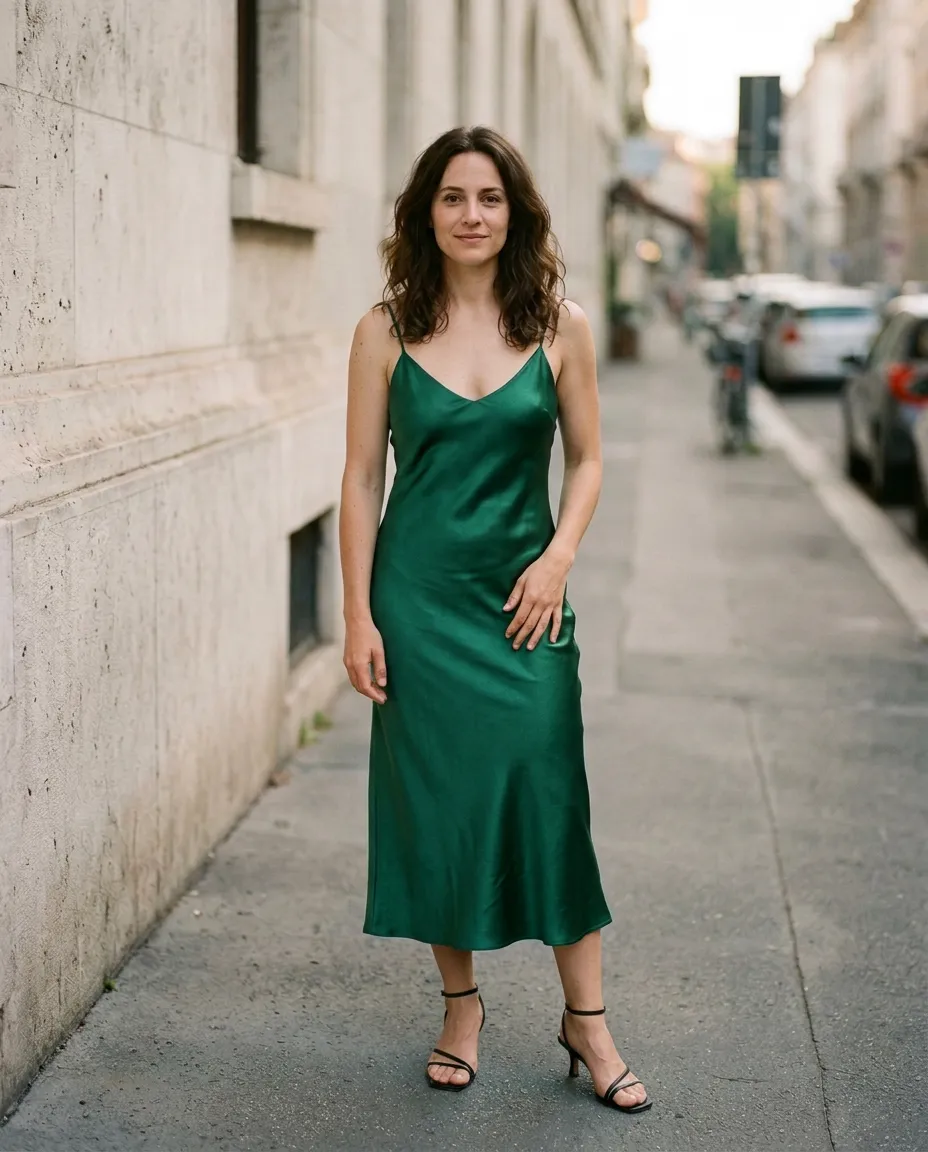 The same woman in an emerald satin slip dress