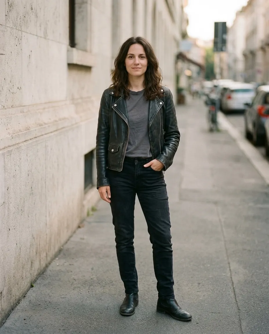 The same woman in a black leather jacket and black jeans