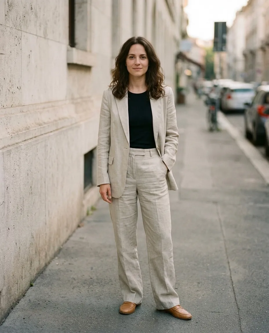 The same woman in the same photo wearing an oatmeal linen suit