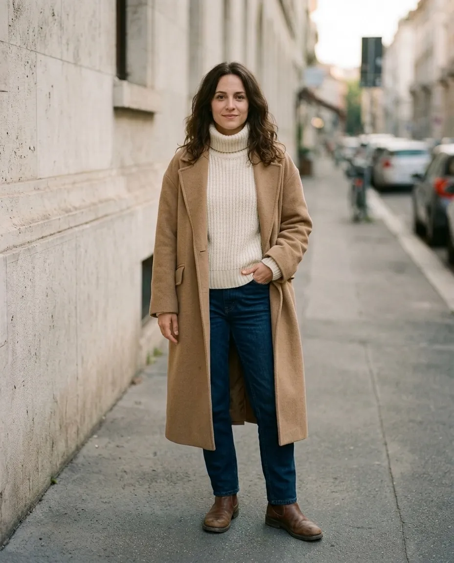 The same woman in a long camel wool coat and cream turtleneck
