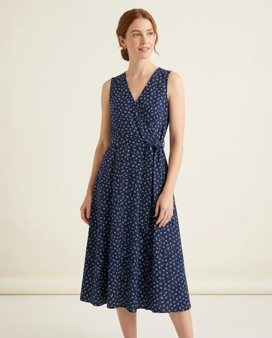A model wearing the same navy floral wrap dress in a studio