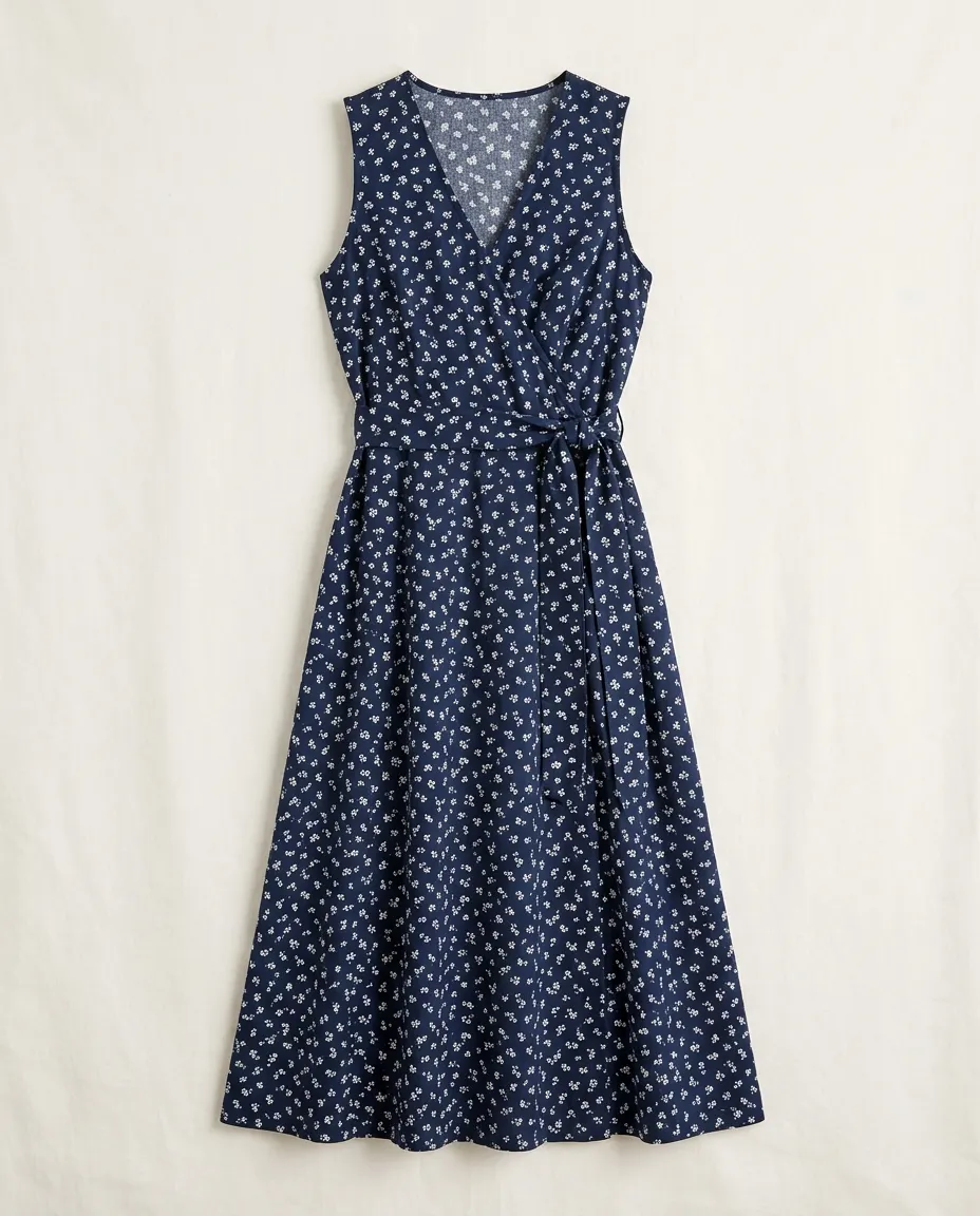 Product photo of a navy floral wrap dress laid flat