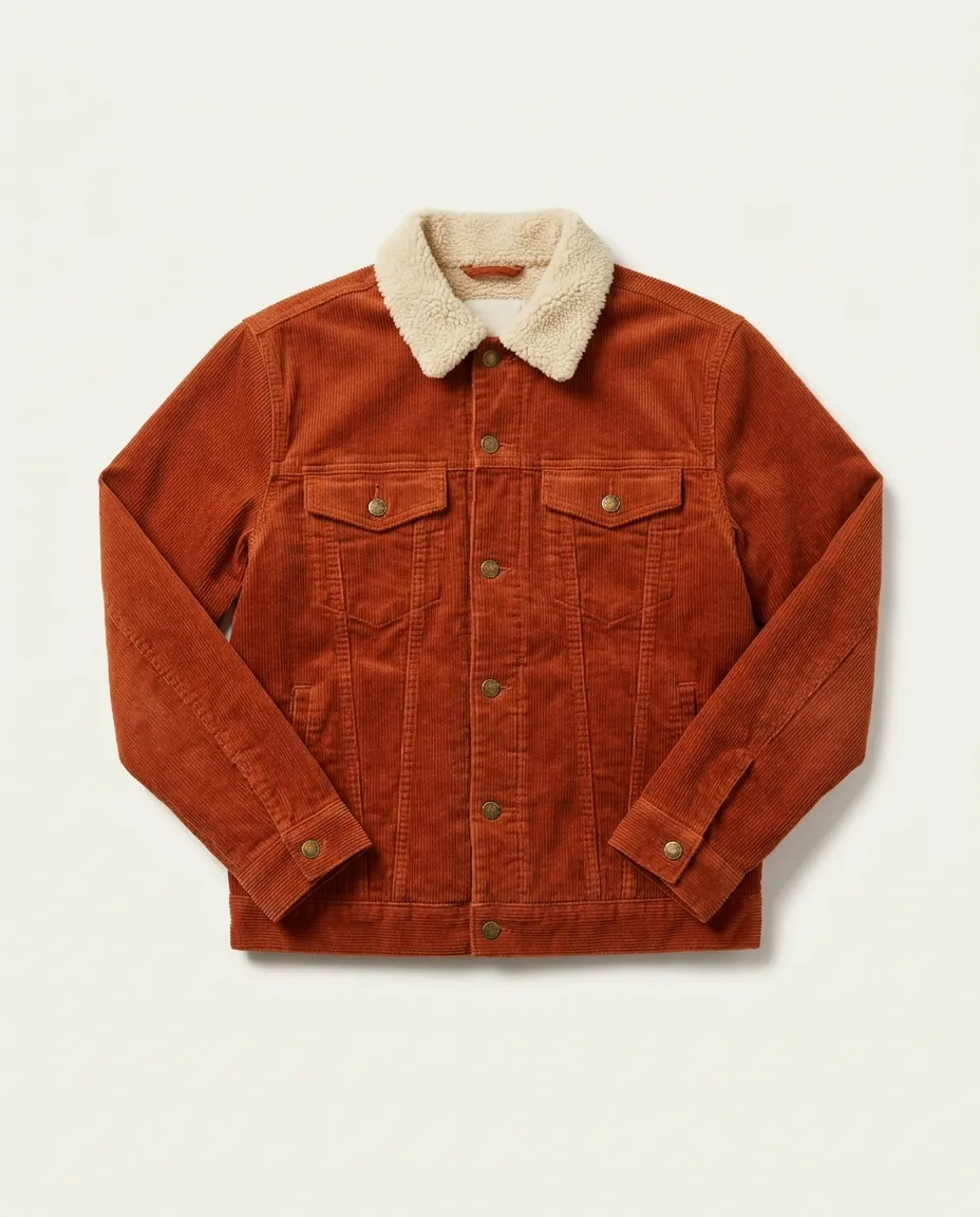 Product photo of a rust corduroy jacket with a cream sherpa collar