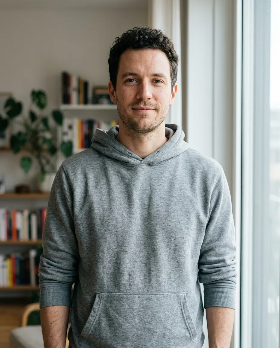 Man in a grey hoodie standing by a window at home