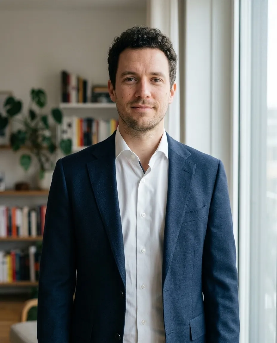 The same man in a navy suit jacket and white shirt
