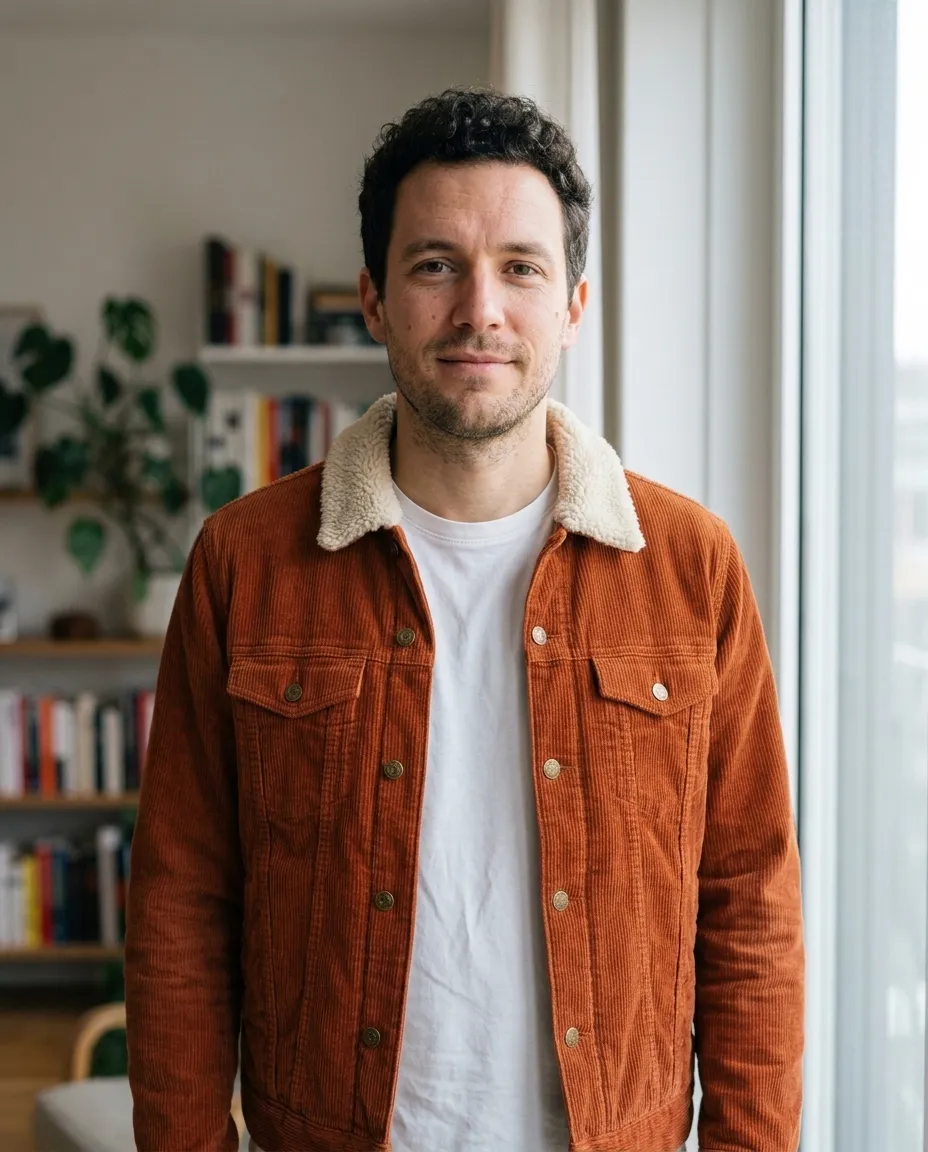 The same man wearing the rust corduroy jacket with the sherpa collar