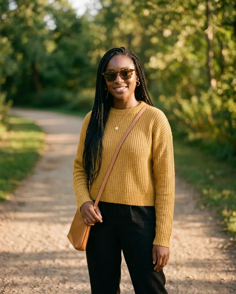 Sunglasses, gold earrings, a necklace and a crossbody bag added