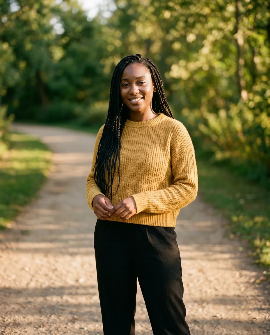 Woman in a mustard sweater on a park path