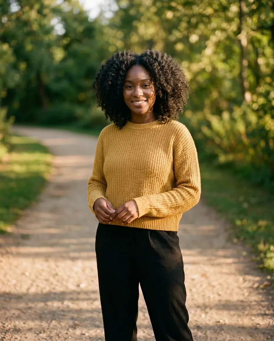 Long braids replaced with a shoulder-length curly afro