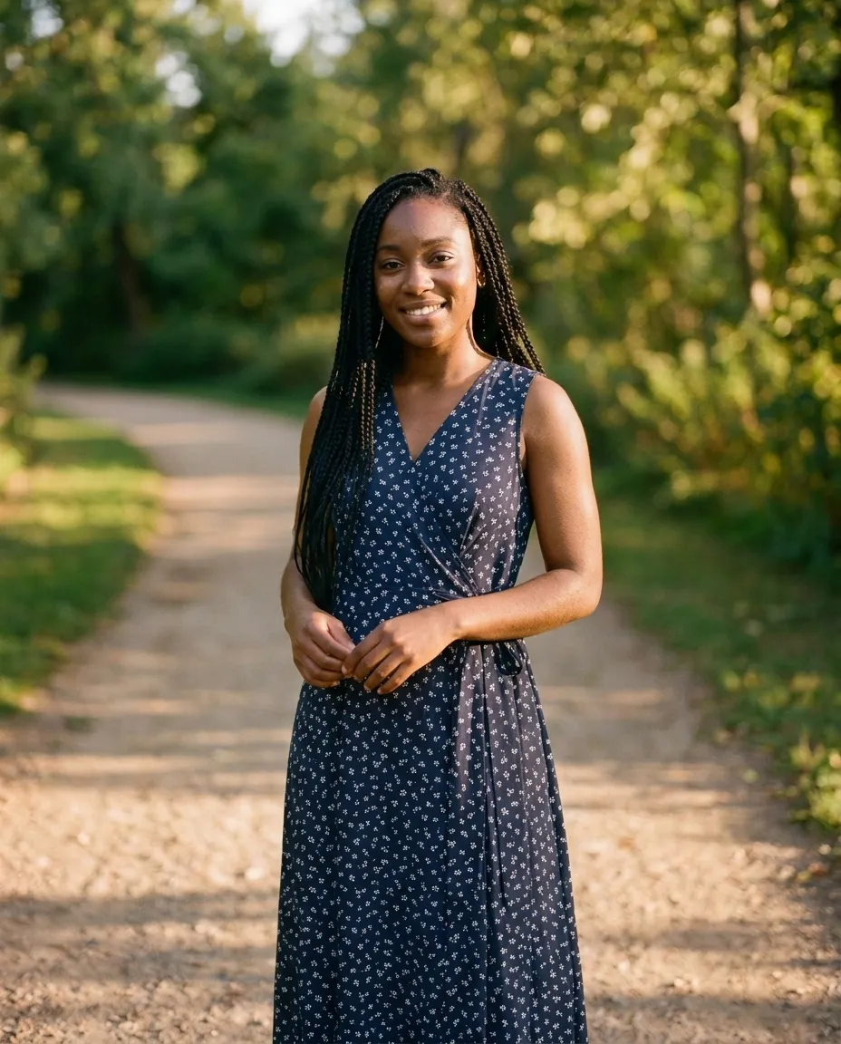 The same woman wearing the navy floral wrap dress