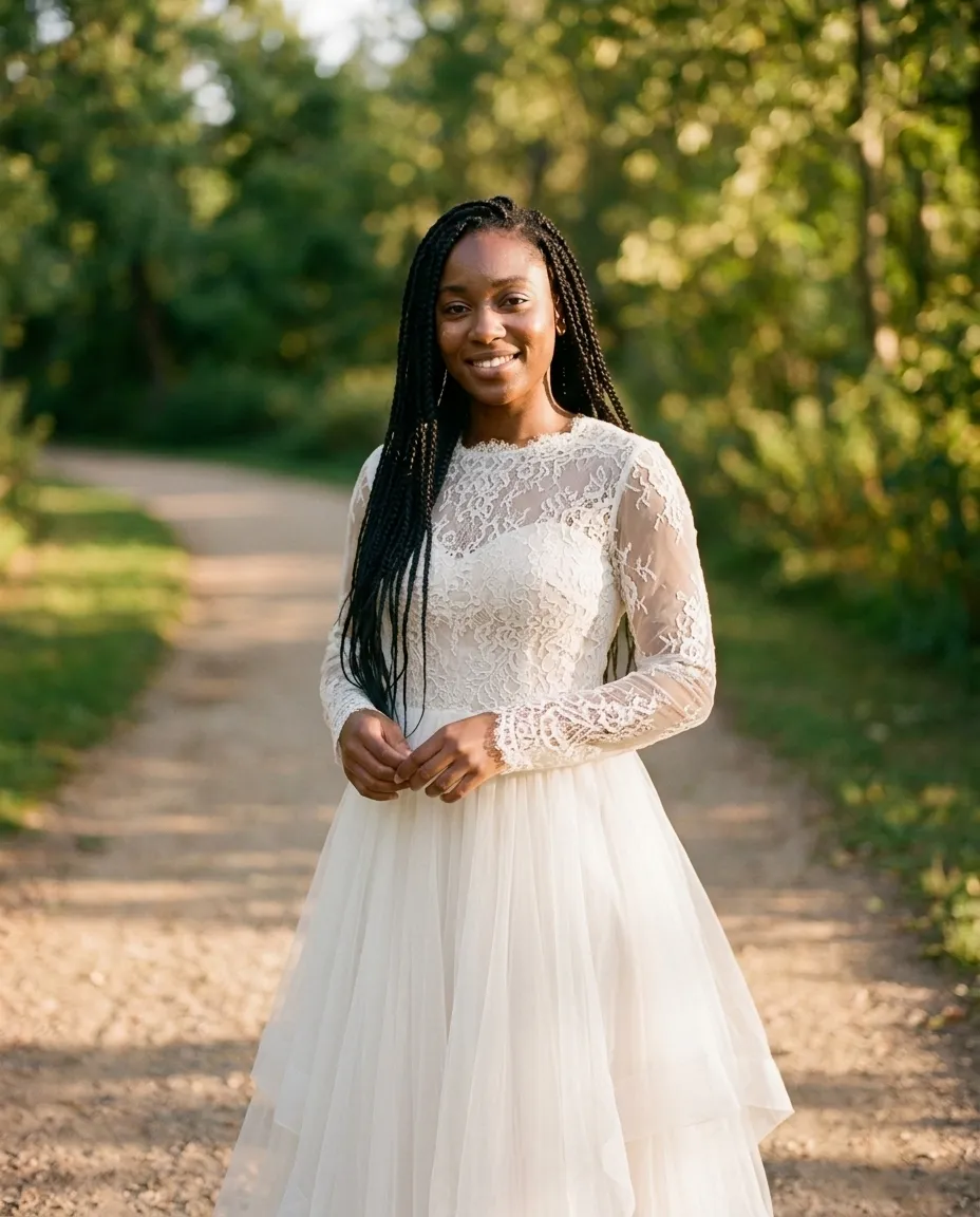 Outfit changed to an ivory lace wedding dress